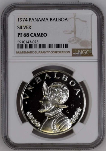 1974 Panama Silver Un Balboa - NGC PR 68 Cameo Certification - Choice BU Gem