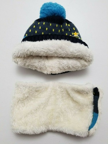 Kids Blue Pompom Christmas Knitted Fleece Winter Warm Ski Beanie Hat Neck Warmer - Picture 6 of 6