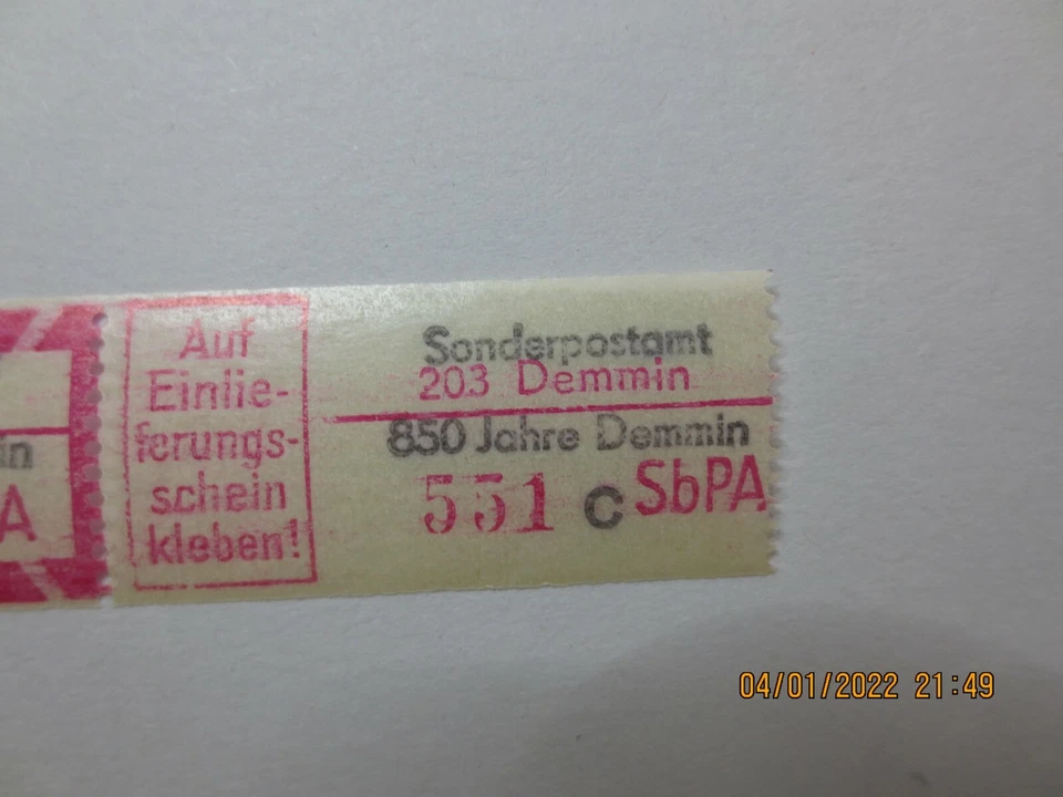 DDR Einschreibemarke SbPA 850 Jahre Demmin postfrisch Kennbuchstabe c - Bild 4 von 4