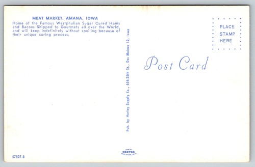 Postcard Meat Market Amana Iowa Westphalian Sugar Cured Ham And Bacon A4 - Picture 2 of 2