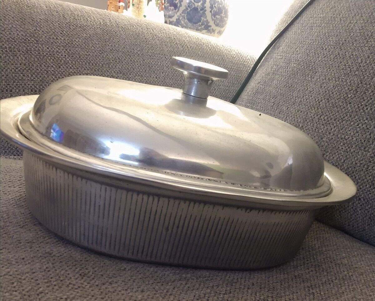 Vintage Pewter Hammered Aluminum Roaster Pan Oval Roasting Dutch Oven