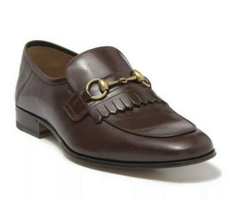 GUCCI Harbor Horsebit Fringed Brown Leather Loafers Z4760 Size 11