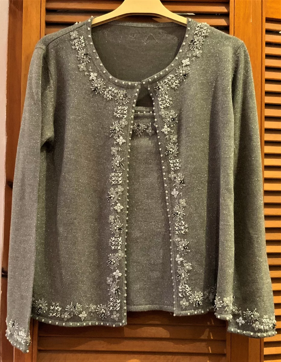 Vintage St. Michael Ladie s Beaded Cardigan Strappy Top Vest Set Size 14 16