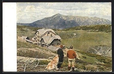 AK Otto-Berghütte, Rax 2009m mit dem Schneeberg, zwei Männer mit Bernhardiner 