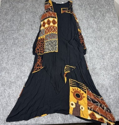 Vintage Eastern Sun Tribal Maxi Dress Women s XS Bold Flowy Layered Art Colorful
