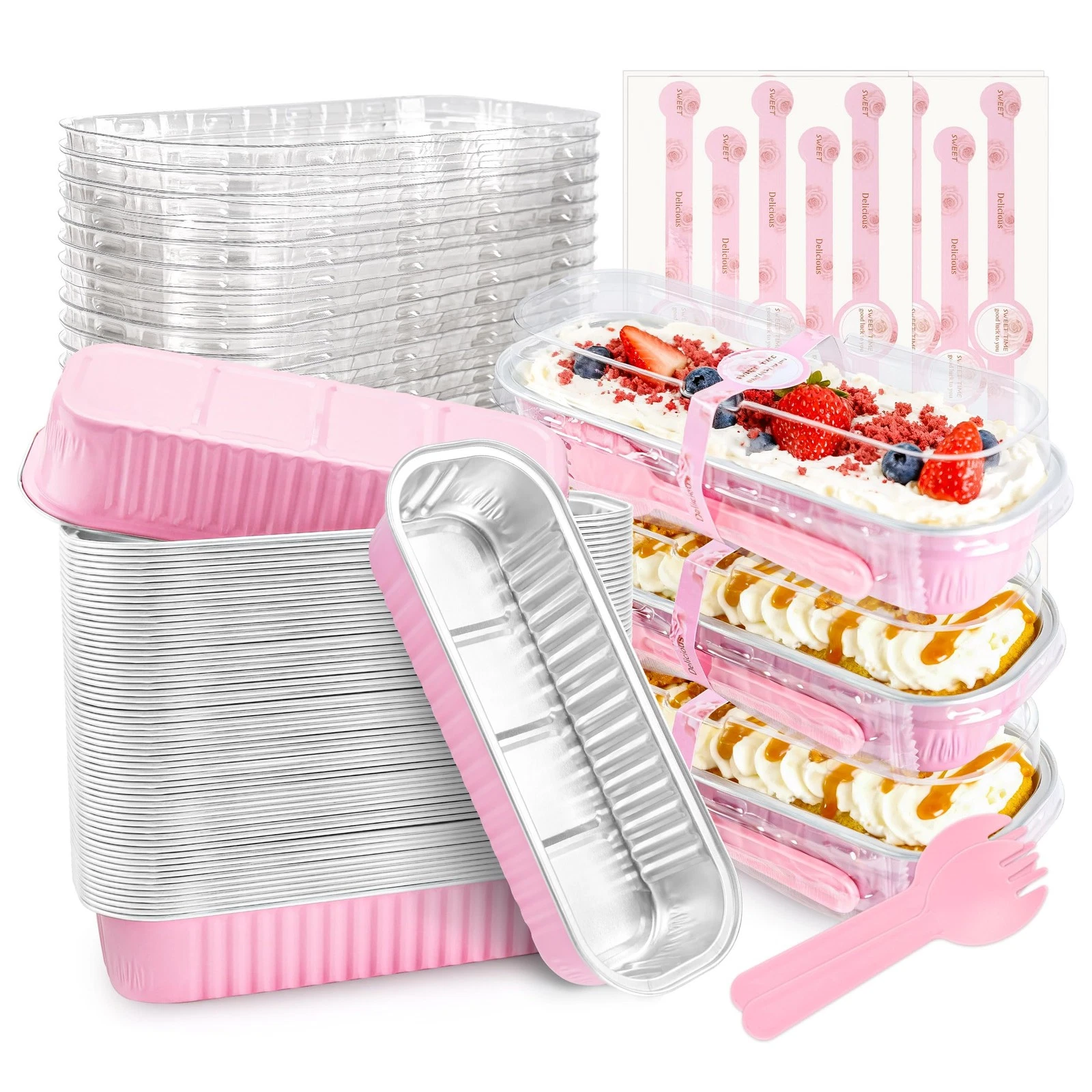 Mini Cake Pans with Lids and Spoons, 50 Pack Pink Mini Loaf Pans with Lids, M...