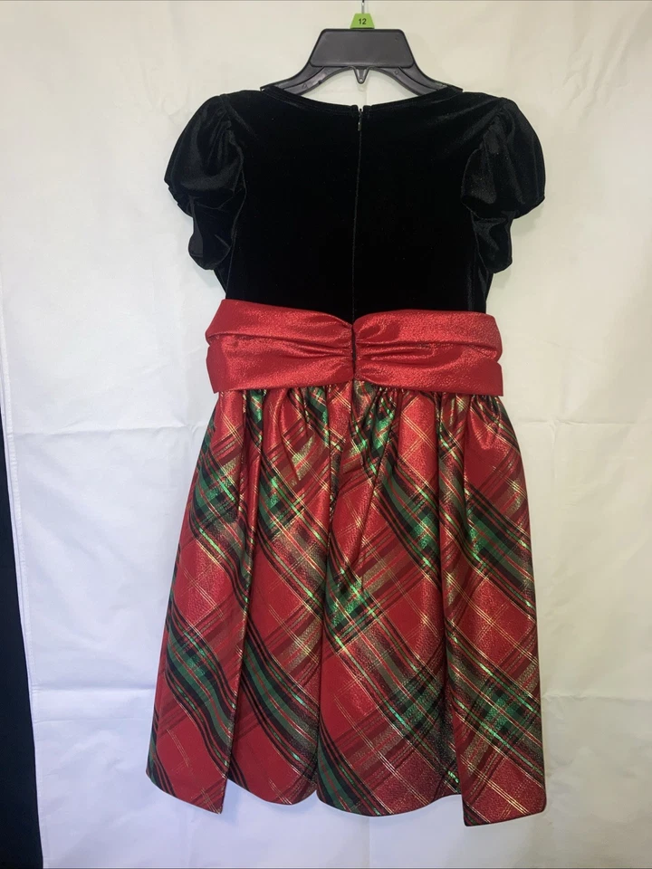 Bonnie Jean 女孩黑色人造天鹅绒红色格子裙全衬里连衣裙 12 码 — 第 2/4 张图片