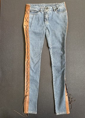 Vintage Rare Alexander McQueen Blue Denim Lace Up Leather Jeans IT42 Italy Made