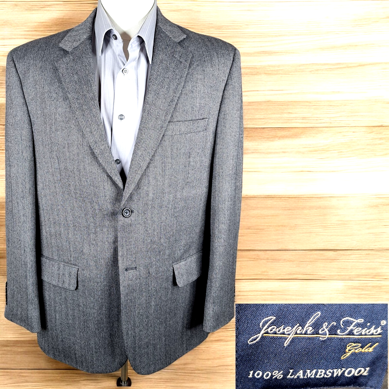 Joseph & Feiss Sport Coat Mens 42R Gray Herringbone Lambs Wool