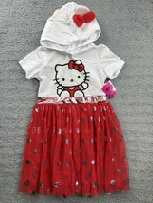Hello Kitty Dress Girls Large 10/12 White Red Hooded Tulle Skirt Bow Ears New