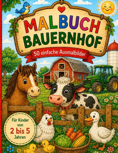 Malbuch Bauernhof FüR Kinder 2-5 Jahre, 50 Ausmalbilder Tiere Traktoren-image