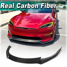 For Tesla Model S Plaid Sedan 2021-24 Real Carbon Fiber Front Bumper Lip Spoiler