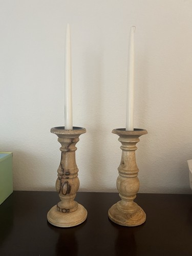 Natural Wood 10” Candlesticks. Set Of 2.