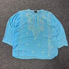 Vintage 90s Diva Ji Indian Woven Embroidered Stitch Tunic Shirt Top - Sz M Blue