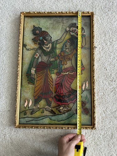 Dipinto vintage indù vetro colorato Lord Radha Krishna indiano spirituale arte da parete - Foto 16 di 16