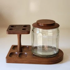 Vintage Aztec 4 Pipe Stand & Tobacco Jar Wood Glass Smoke Smoking Holder Rack