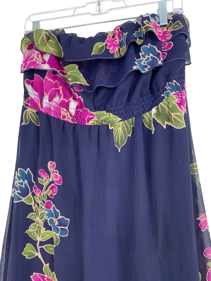 Vestido maxi floral sem alças Xhilaration L azul marinho sobreposição de chiffon RY10376 Island - Imagem 3 de 4