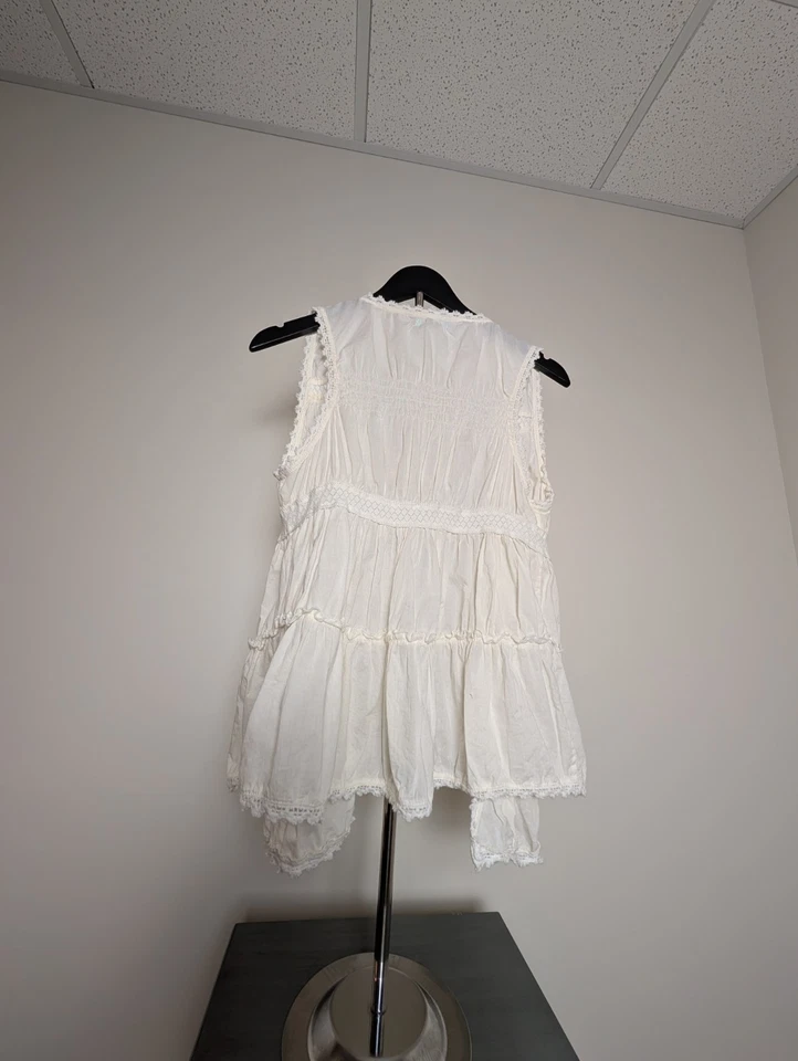 Chaleco abierto de algodón bohemio hippie boho blanco con volantes con ribete de encaje talla L Foto 2 de 4