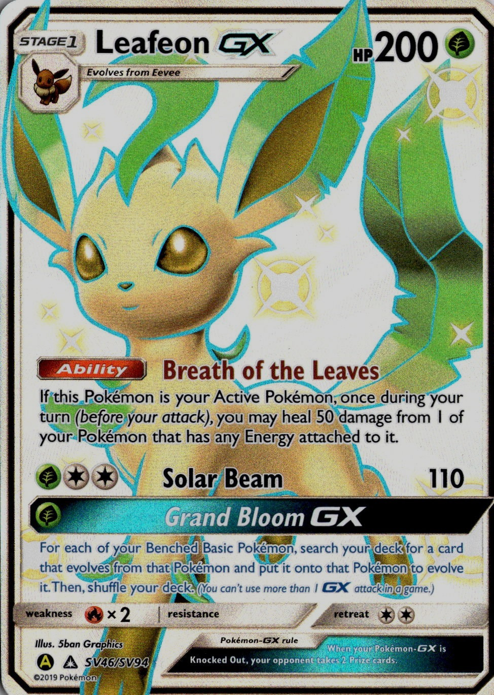 Leafeon GX SV46/SV94 Pokemon Hidden Fates: Shiny Vault Shiny Holo Rare LP