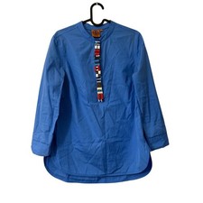 Tory Burch Blue Beaded Rhinestone Detail Snap Tunic Popover Shirt Womens Size 4