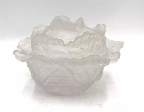 Classic Vintage Portieux Vallerysthal Frosted Glass Lidded Cabbage Bowl 7” X  4”