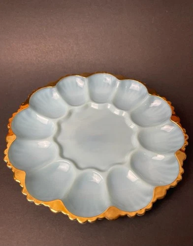Vtg BLUE Milk Glass Deviled Egg Dish with Gold Accent Rim