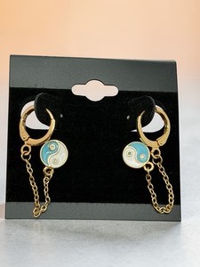 Authentic 18 kt Gold Plated Huggie Dangle Earrings Blue White Yin Yang Enamel