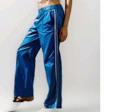 Zara Women Size Med Blue Wide-Leg Track Pants Polyester Blend Satin Side Stripe
