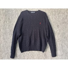 Polo Ralph Lauren Mens XL Navy Blue Cable Knit Cotton Crewneck Sweater Red Pony