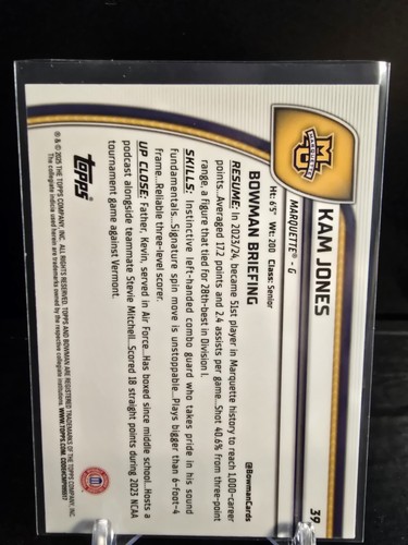 2024-25 Bowman U Chrome - Kam Jones 1st Bowman Purple Lava Refractor #39 - Picture 2 of 2