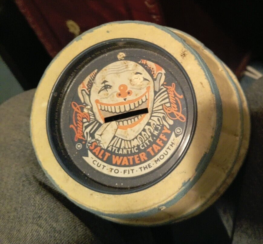 JAMES CANDY COMPANY SALT WATER TAFFY BARREL BANK 1940s PAPER MACHE  7” NJ, USA