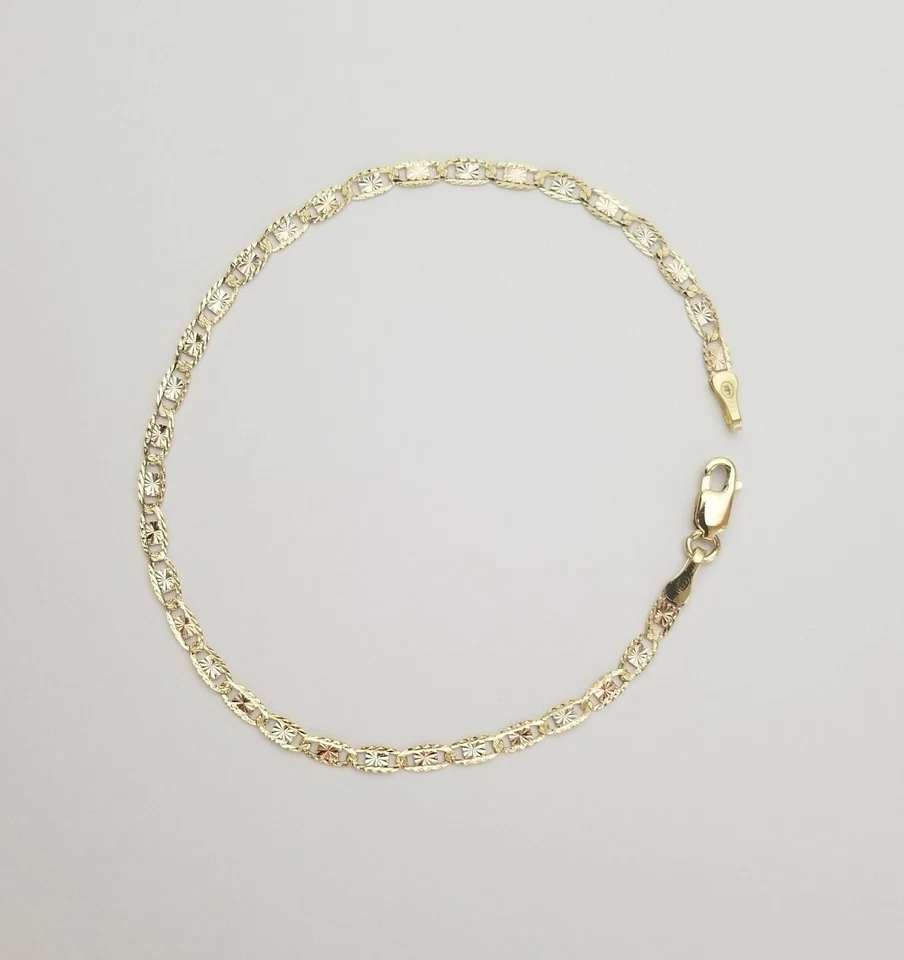 14K Tri-Color Yellow Rose White Gold 2.6mm Valentino With Star Chain Bracelet 7" - Image 3 of 4