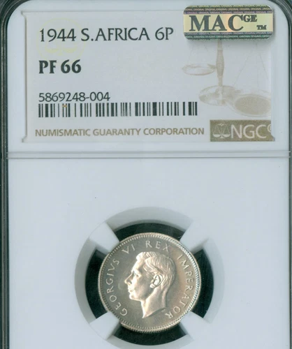 1944 SOUTH AFRICA 6 PENCE NGC PR66 MAC SPOTLESS  150 MINTED  *