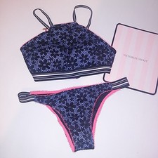 Victoria Secret Swim Bikini Small Top Medium Bottom Floral Crop High Neck New