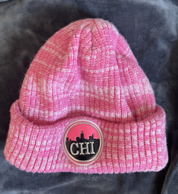 chicago skyline circle decale patch beanie knit Hat Pink Heather One Size