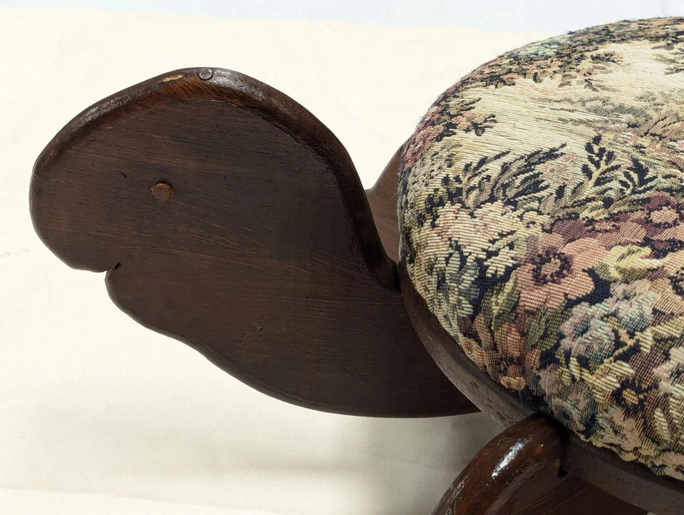 Vtg Turtle Foot Step Stool Large 70s Handmade Wood 27x9x18” Upholstered Tapestry - Image 4 of 4
