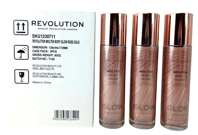 3 PACK, Makeup Revolution, Molten Body Glow, (Rose Gold), 3.38 fl. oz.