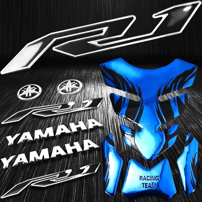 Chrome Blue Tribal Fire Gas/Fuel Tank Pad+3D 6''Logo+YZF-R1 2-Tone Emblem Sticker