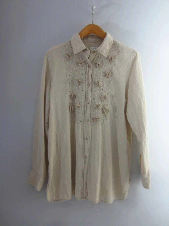Camisa Charter Club Mujer XL Beige Bordada Flores 100% Lino Botón Frontal Foto 2 de 4