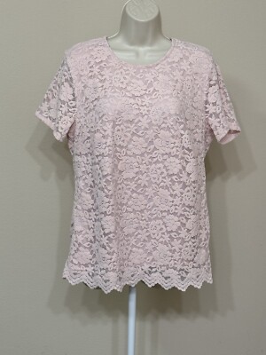 Teddi Rose Women s Pink Floral Lace Overlay Short Sleeve Soft Slim Blouse L