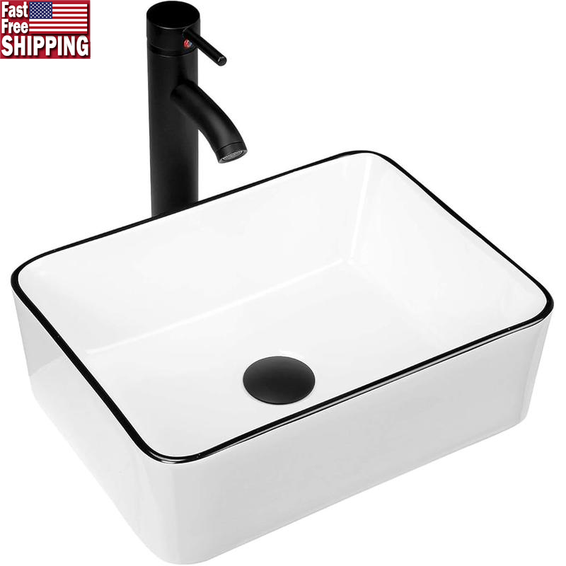 Ceramic Rectangular Above Counter Bathroom Vessel Sink W/ Faucet Combo New