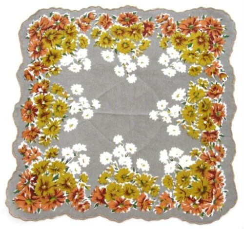 Vintage Gray Cotton Handkerchief with Gold & Clay Flowers - Picture 1 of 1