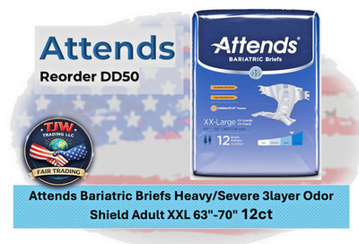 Attends Bariatric Briefs Heavy/Severe 3layer Odor Shield Adult XXL 63''-70'' 12ct 