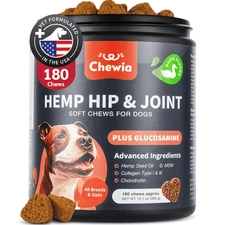 CHEWIA Hemp Glucosamine Chondroitin Hip and Joint Supplement for Dogs 180 Ct