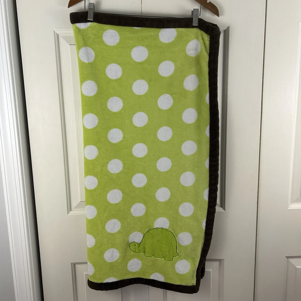 Elegant Baby Turtle Blanket Green White Polka Dots Brown Edge Lovey - Image 2 of 4