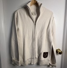 GUESS Sz L Knit Cotton Mock Neck Full Zip Logo Sweater Raw Seams Collegiate Soft