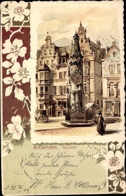 Embossed litho Hanseatic city of Bremen, Roland monument on the market square - 3896169