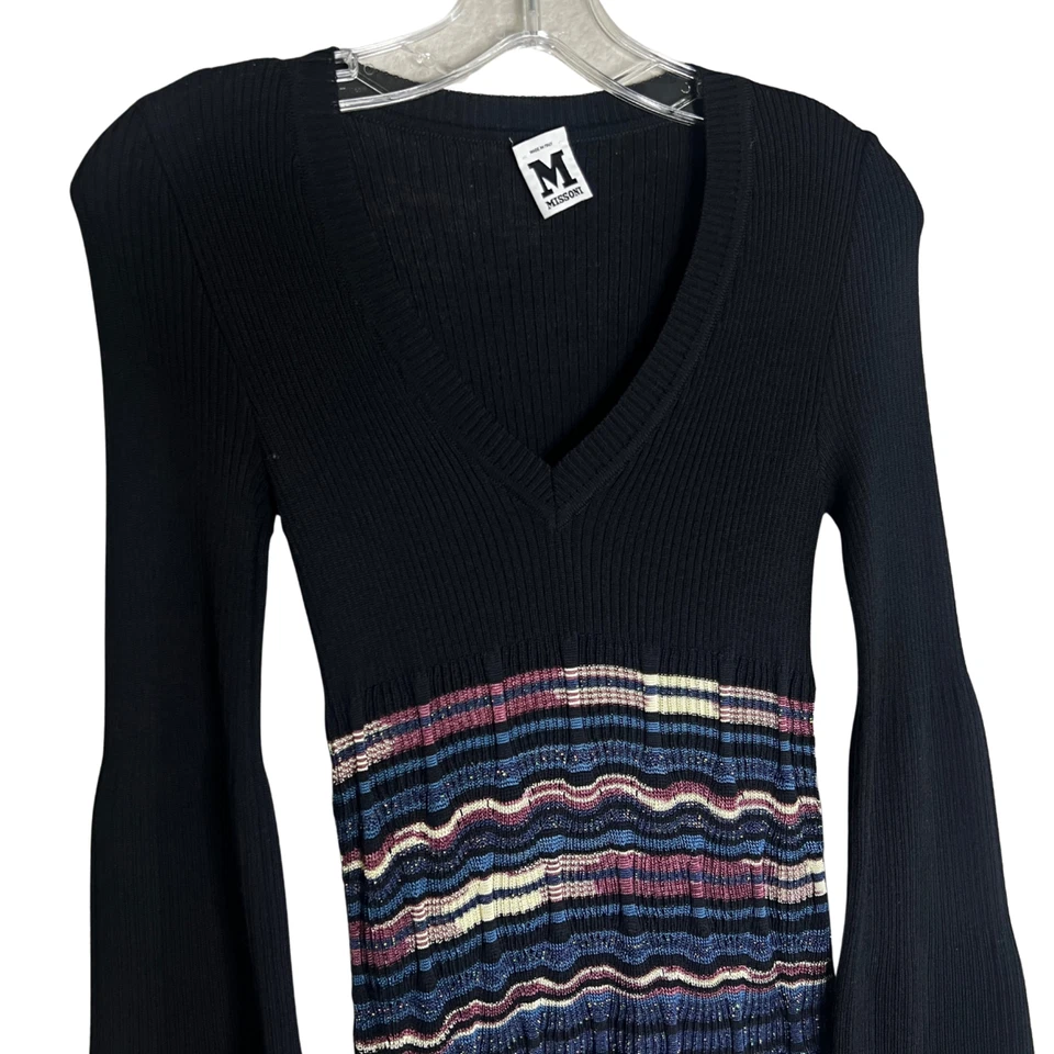 M Missoni Knit Dress Sz 0 Black Chevron V Neck Bell Sleeve Wool Blend Italy - Image 2 of 4