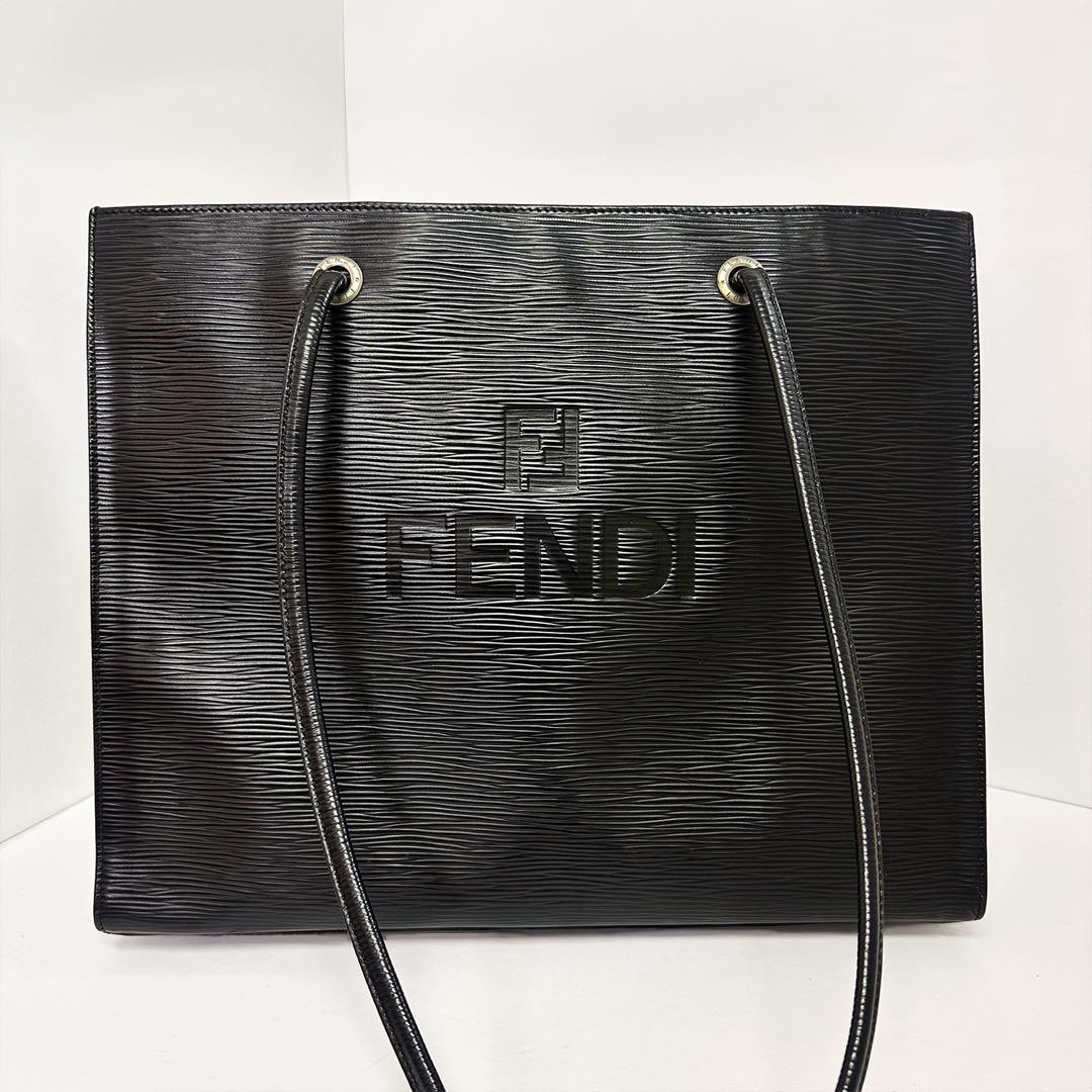 FENDI Logo Epi Leather Tote Bag Black Used