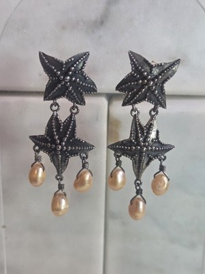 Sajen Starfish Dangel Earrings 925 SS W/ Freshwater Baroque Pearls Vtg